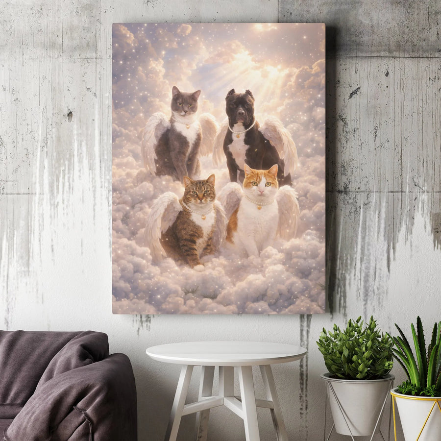 Pet Memorial Canvas | Angel Pets on Clouds Portrait | Premium Gallery Canvas Art | Loss of Pet Sympathy Gift for Dog & Cat Lovers