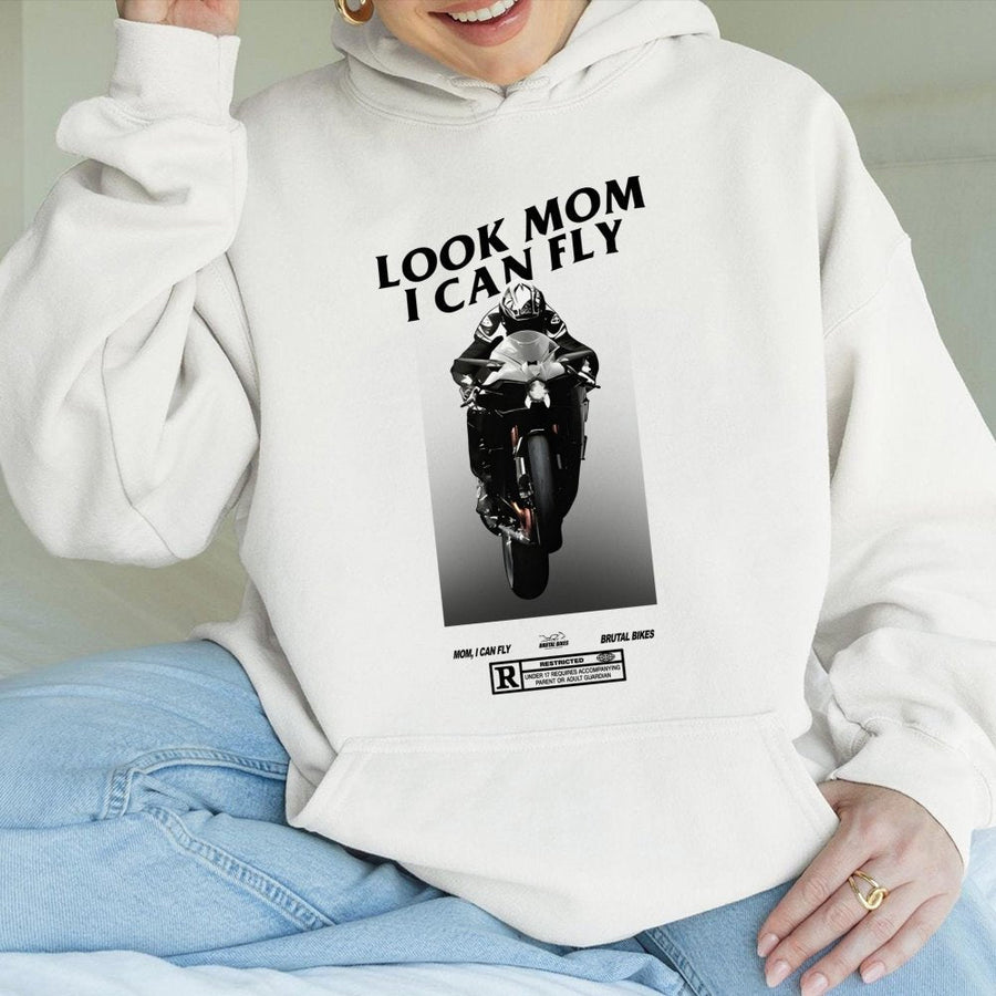 Look Mom I Can Fly Hoodie | Motorcycle Wheelie Graphic Print | Premium Cotton-Blend Pullover | Gift For Biker Adrenaline Junkie
