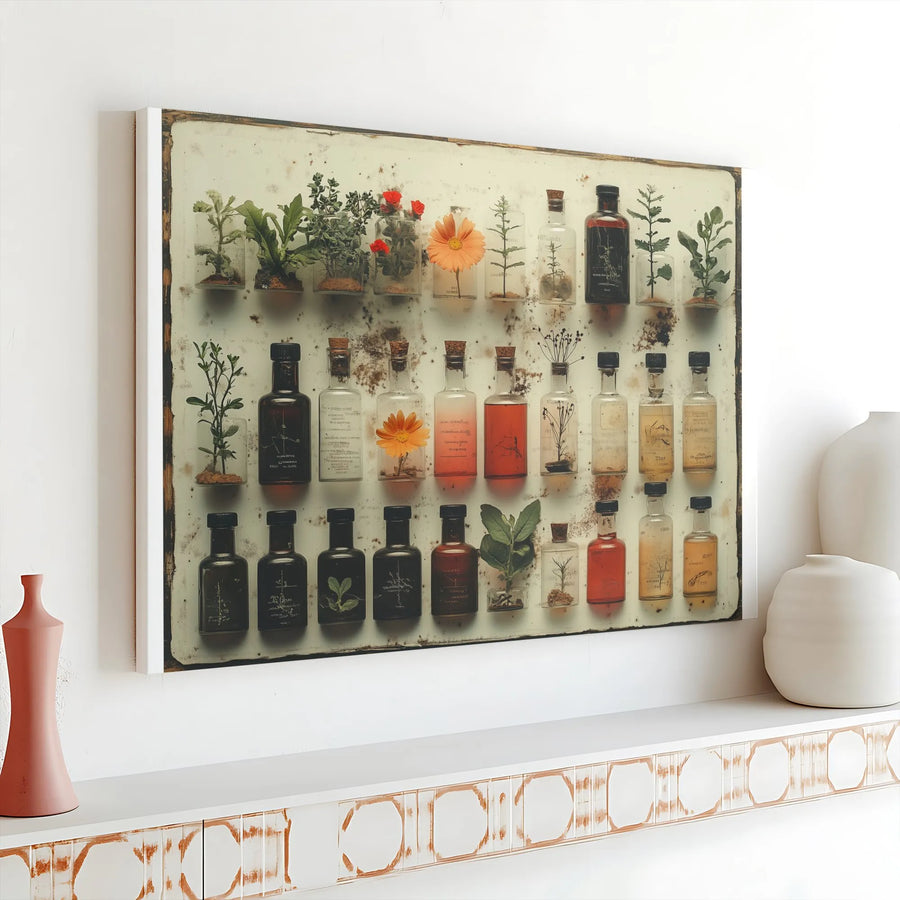 Vintage Botanical Apothecary Canvas | Pressed Flower Specimen Jars Print | Premium Gallery Wrap Wall Art | Farmhouse Home Decor for Nature Lovers