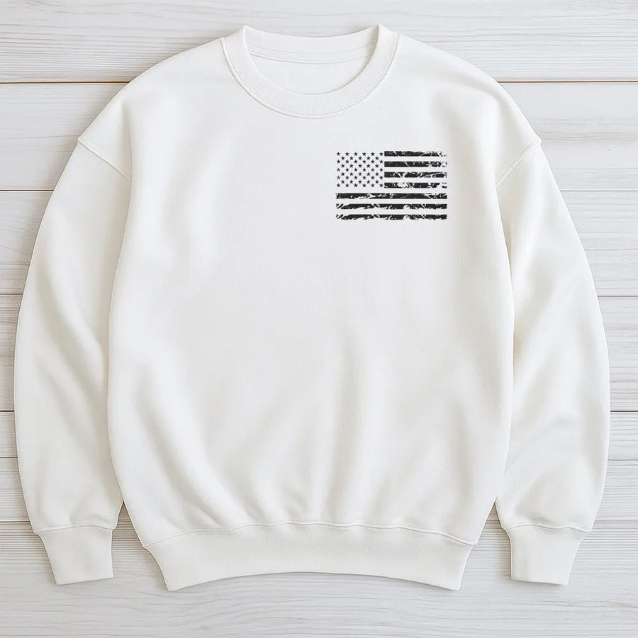 American Flag Sweatshirt | Distressed USA Flag Left Chest Graphic | Premium Cotton Blend | Unisex Patriotic Gift