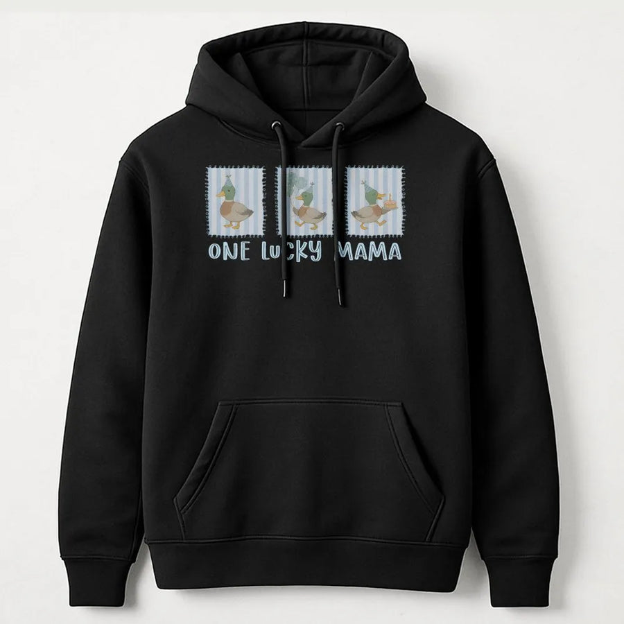 One Lucky Mama Hoodie | Cute Duck Birthday Graphic | Premium Cotton Blend | Matching Family First Birthday Gift for Mom
