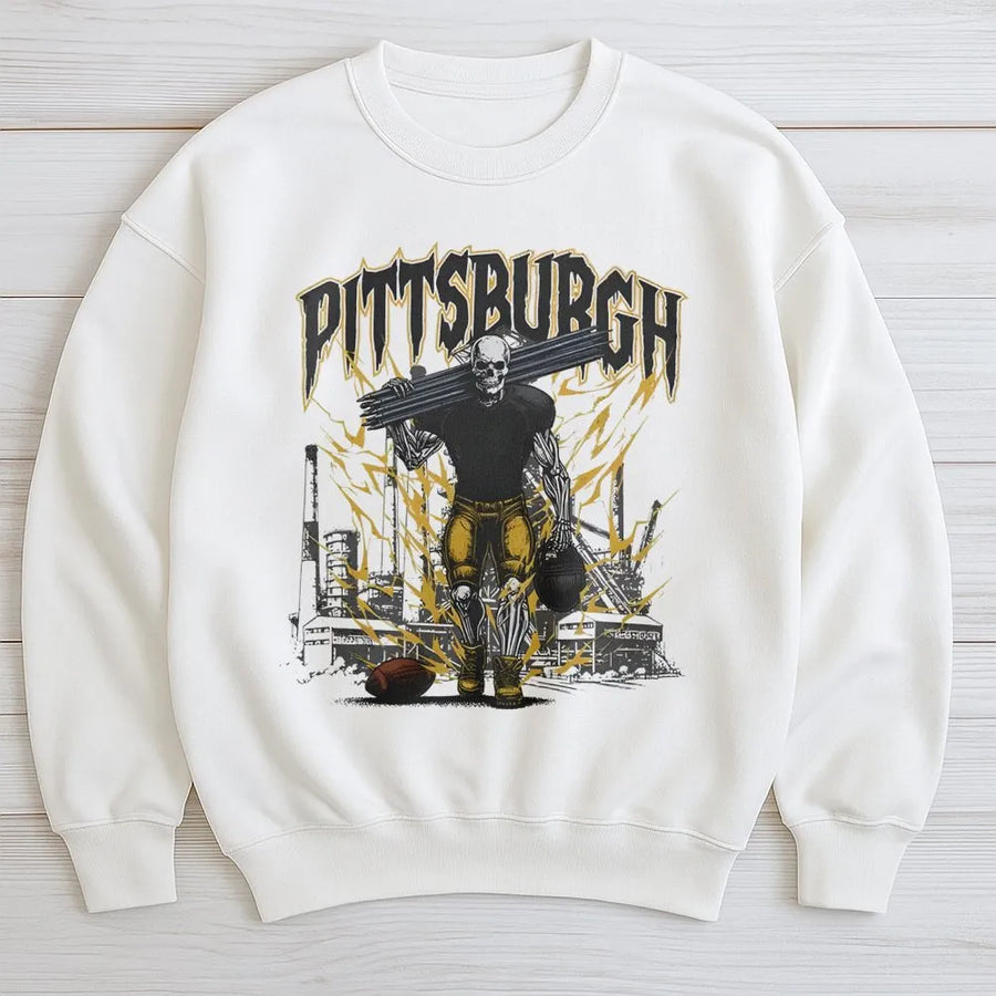 Pittsburgh Football Sweatshirt | Industrial Skeleton Graphic | Premium Cotton Blend | Gift for Steel City Sports Fans