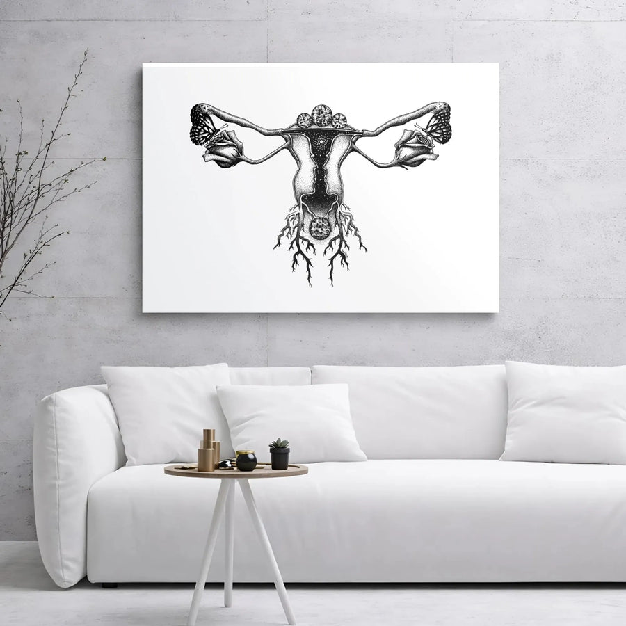 Anatomical Uterus Canvas Print | Botanical Floral Butterfly Dotwork Art | Premium Stretched Gallery Wrap | Feminine Gynecologist Gift Decor