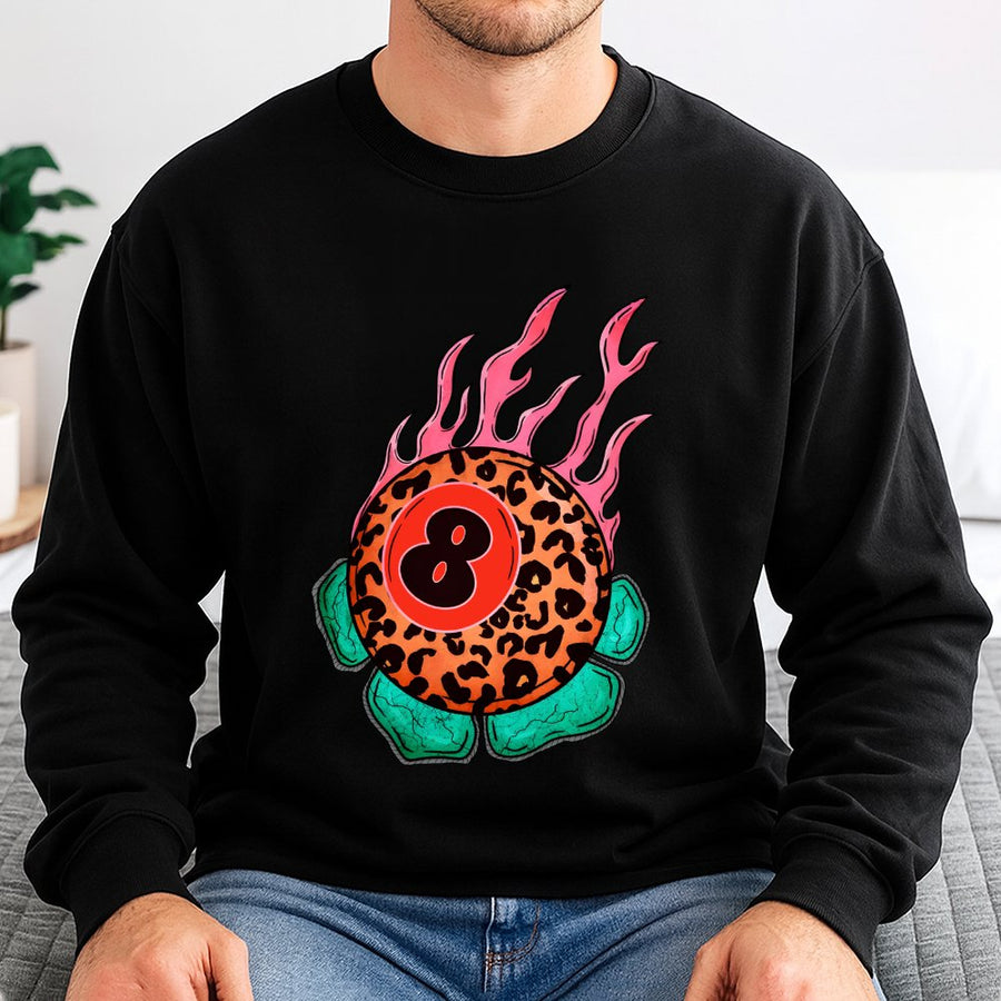 8 Ball Sweatshirt | Flaming Leopard Print Graphic | Premium Cotton Blend Crewneck | Trendy Retro Streetwear Gift for Men and Women