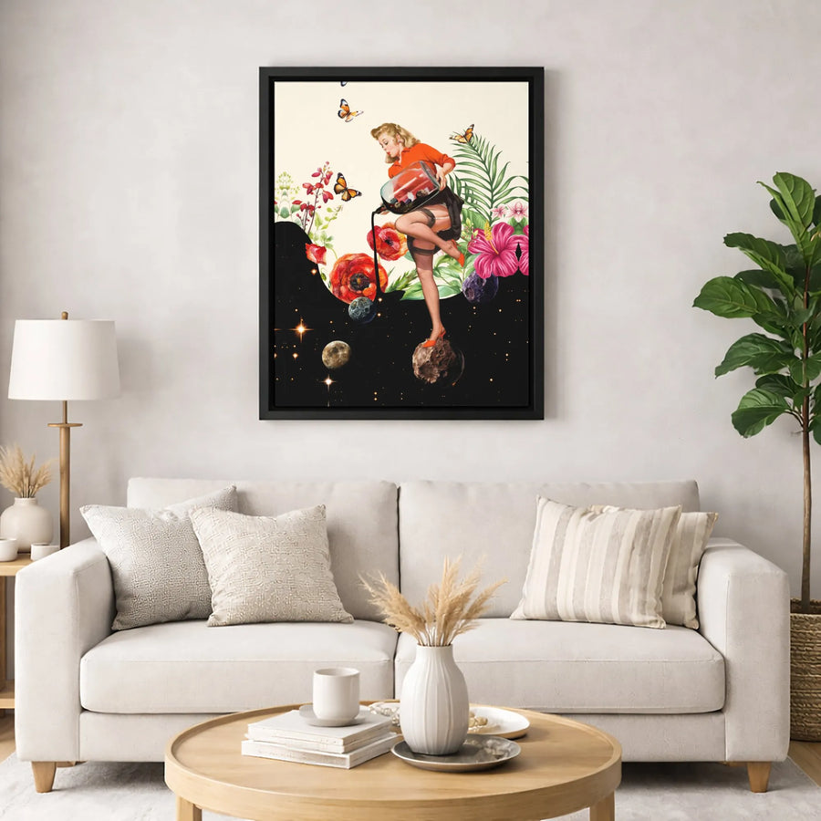 Surreal Pin-Up Girl Wall Art | Botanical Space Collage with Butterflies | Gallery-Grade Canvas Print | Unique Home Decor Gift for Her