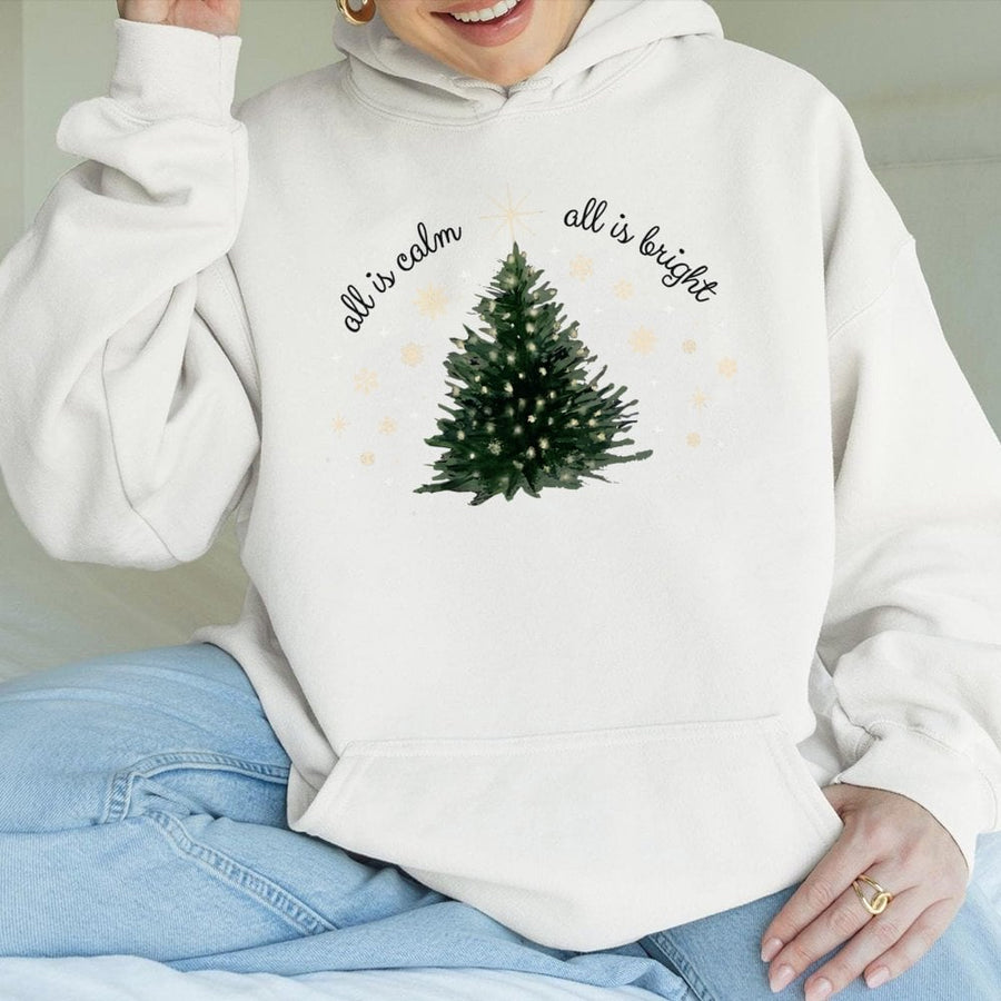All Is Calm All Is Bright Christmas Tree Hoodie | Minimalist Holiday Graphic | Soft Cotton-Poly Blend | Cozy Winter Gift For Women