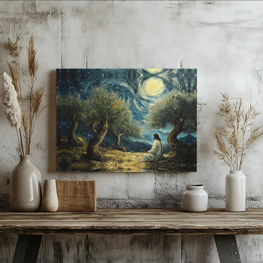 Jesus Praying Garden Of Gethsemane Canvas Art | Starry Night Impressionist Style | Premium 1.25" Gallery Wrap | Spiritual Christian Home Decor Gift
