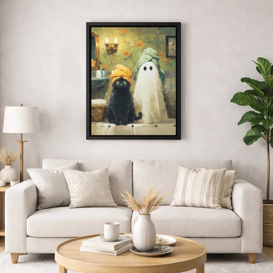 Black Cat and Ghost Bathroom Wall Art | Funny Spa Day Painting | Premium 1.25" Gallery Wrapped Canvas | Quirky Home Decor Gift