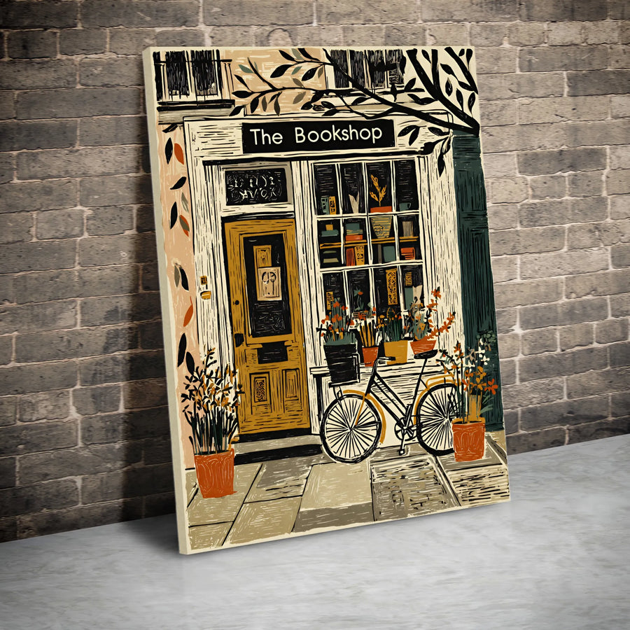 Bookshop Canvas Wall Art | Linocut Style Bookstore Illustration | Premium Gallery Print | Collector's Literary Gift for Readers