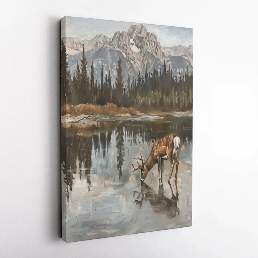 Mountain Deer Canvas Print | Serene Lake Forest Wildlife Wall Art | Gallery Wrapped Premium Decor | Nature Lover Cabin Gift