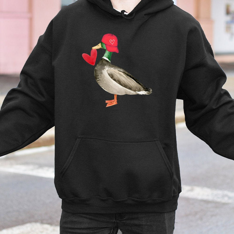 Mallard Duck Valentine Hoodie | Watercolor Duck with Heart Hat Design | Premium Cotton-Poly Blend | Cute Romantic Gift for Her or Him