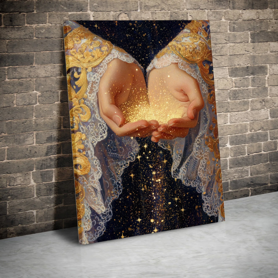 Magical Stardust Canvas Print | Vintage Fantasy Art of Hands Holding Gold | Premium 1.25" Thick Canvas | Collector's Wall Art Gift for Her