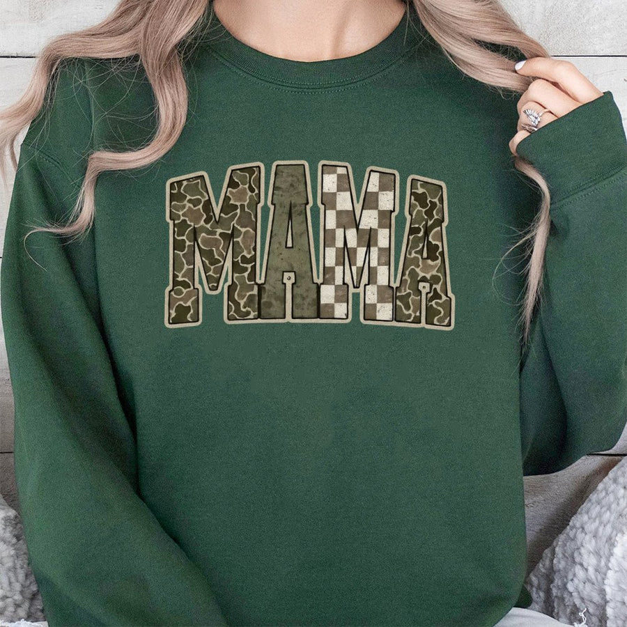 Mama Camo Sweatshirt | Varsity Letter Hunting Pattern | Premium Cotton Blend | Gift for Outdoor Mom and Hunter Wife