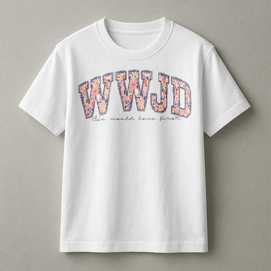WWJD Christian T-Shirt | Floral Varsity Lettering Sweatshirt | Soft Cotton-Poly Blend | Aesthetic Faith Based Religious Gift for Women