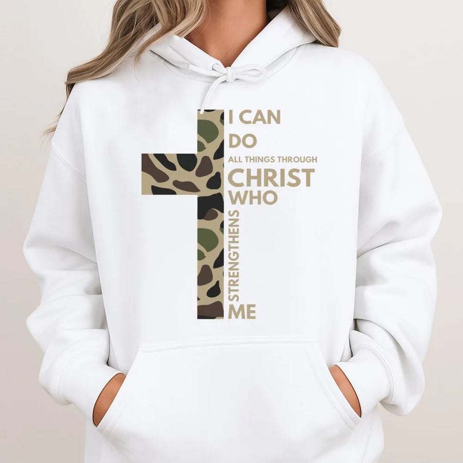 I Can Do All Things Through Christ Hoodie | Camo Cross Bible Verse Graphic | Premium Cotton Blend | Religious Gift for Men and Women