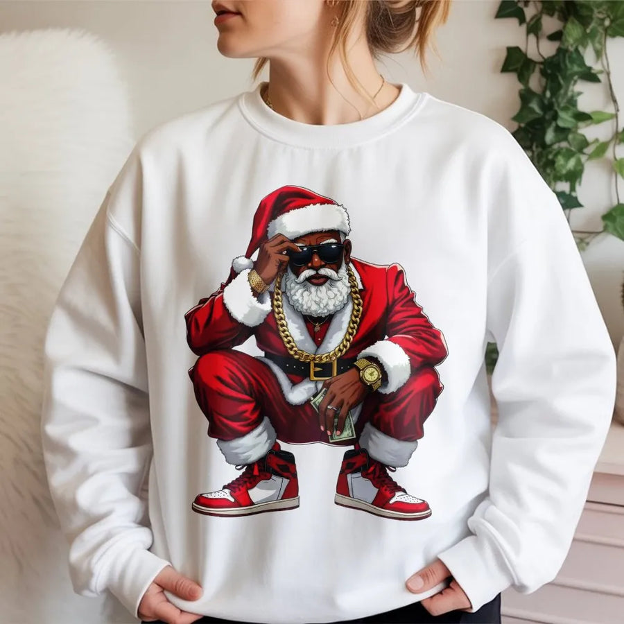 Black Santa Christmas Sweatshirt | Hip Hop Style Streetwear Graphic | Premium Soft Blend Fleece | African American Holiday Gift For Men