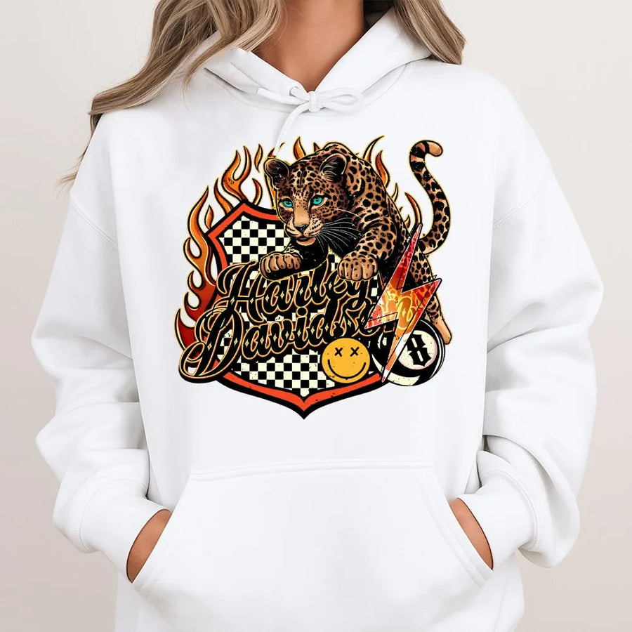 Leopard Print Hoodie | Flaming Wild Cat Graphic Design | Premium Cotton Blend Sweatshirt | Unisex Retro Streetwear Gift for Men and Women