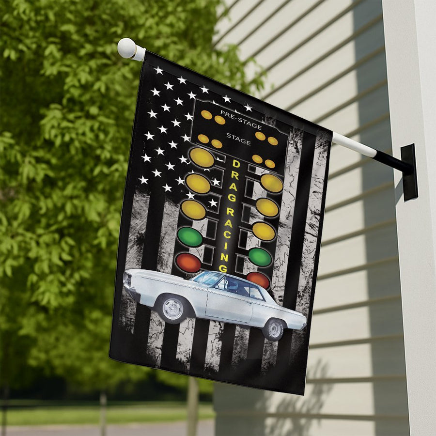 Drag Racing Garden Flag | Muscle Car Christmas Tree Lights Art | Premium Fade-Resistant Polyester | Patriotic Auto Enthusiast Gift