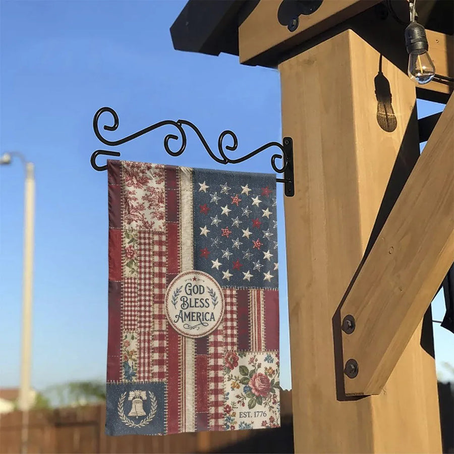 God Bless America Patriotic Garden Flag | Rustic Floral Patchwork Americana Design | Double-Sided Premium Weatherproof Polyester | Summer Yard Decor Gift