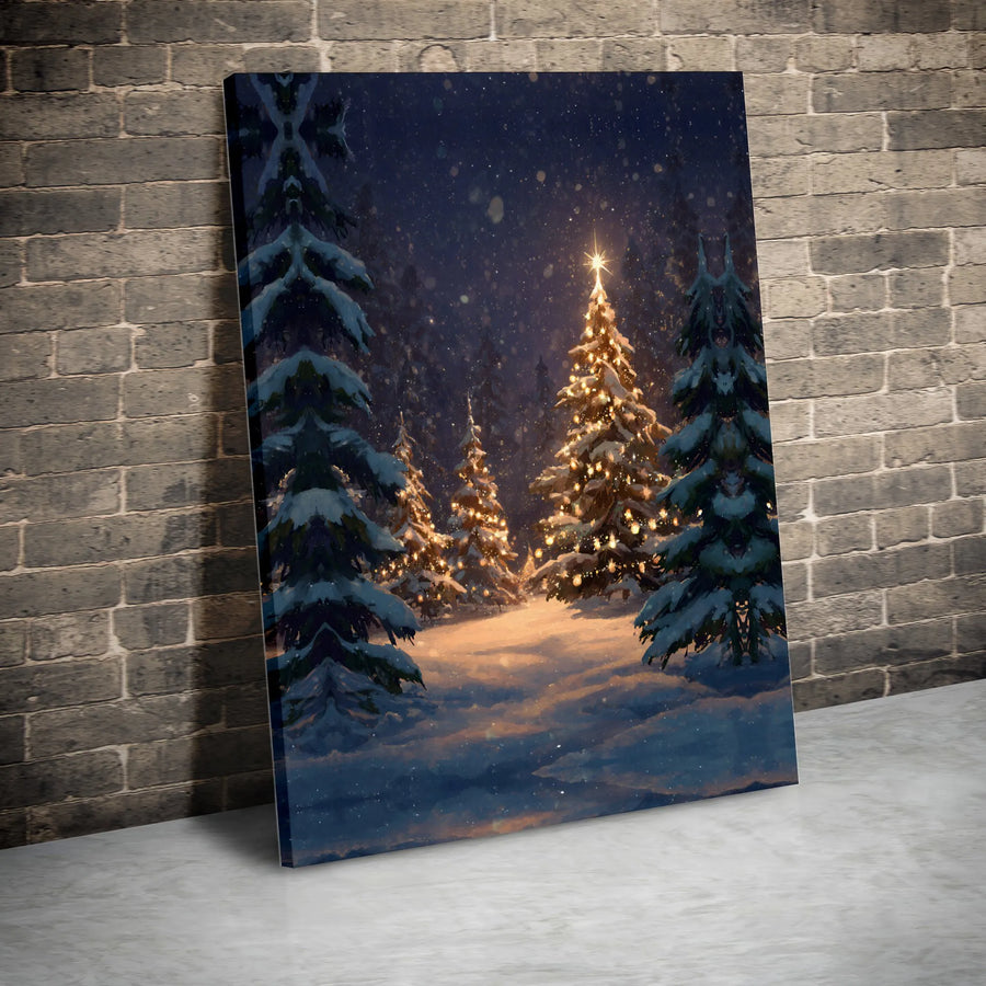Snowy Christmas Forest Canvas | Glowing Winter Tree Night Landscape | Premium Gallery Wrap Wall Art | Cozy Holiday Home Decor Gift