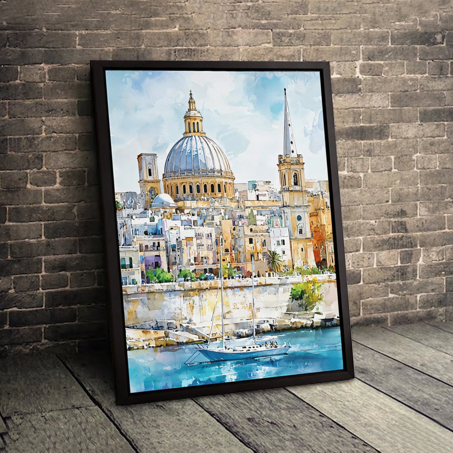 Valletta Malta Cityscape Canvas Art | Mediterranean Basilica Watercolor Print | 1.25-Inch Premium Gallery Wrap | Travel Decor Gift