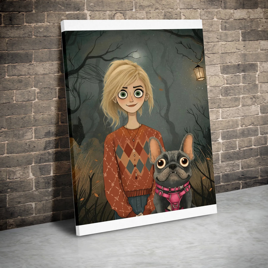 French Bulldog and Girl Canvas Wall Art | Whimsical Gothic Forest Illustration | Premium 1.25" Gallery Wrap | Unique Gift for Dog Lover Home Decor
