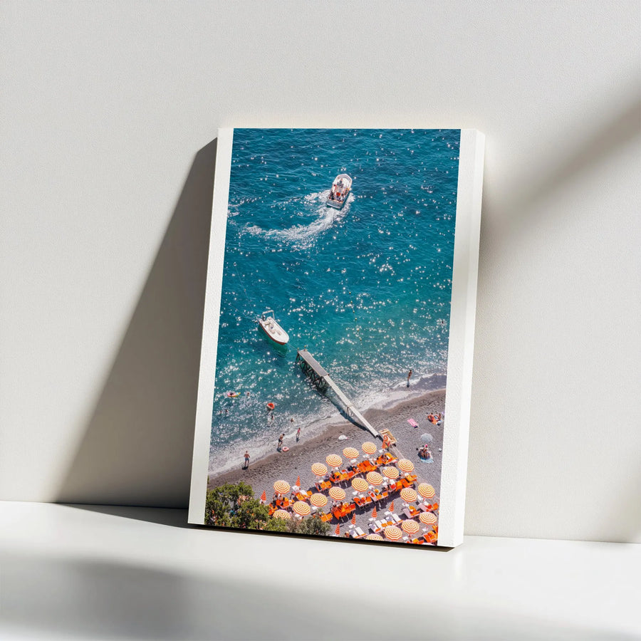 Positano Beach Vertical Canvas | Aerial Italian Coast Photography | Premium Thick Gallery Canvas | Modern Coastal Home Decor Gift