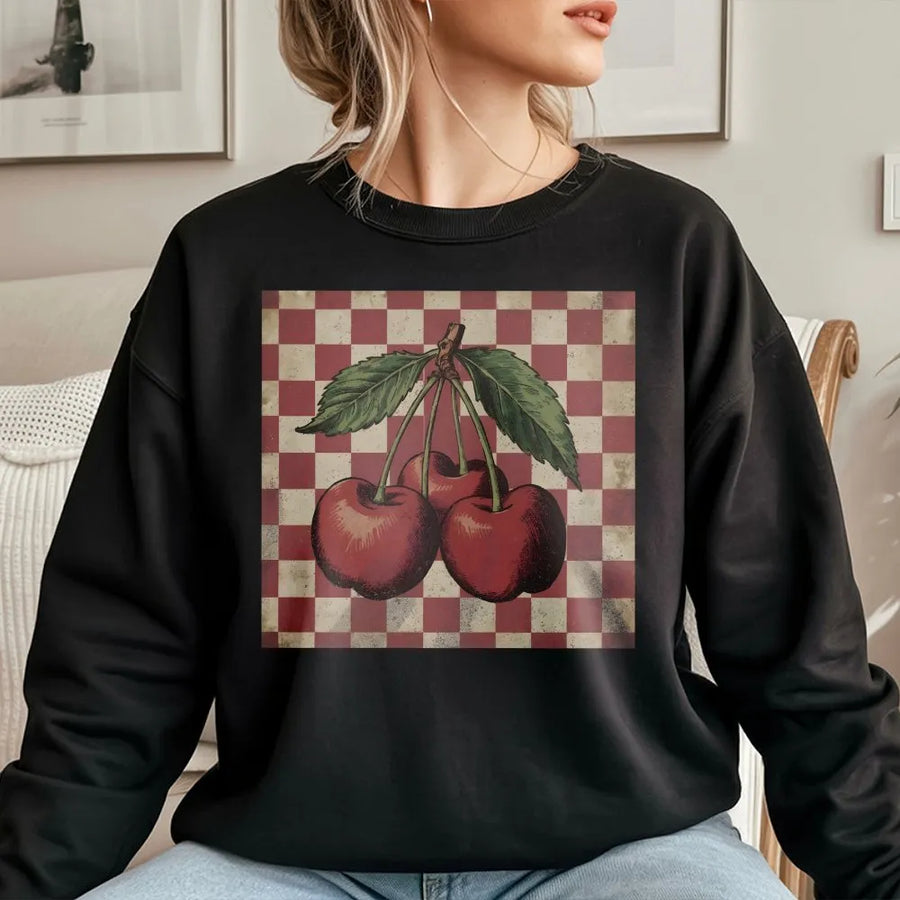 Vintage Cherry Sweatshirt | Retro Checkerboard Fruit Graphic | Soft Cotton-Poly Blend | Y2K Aesthetic Gift for Women