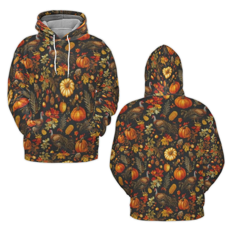 Thanksgiving Turkey Hoodie | Autumn Harvest Pumpkin All-Over Print | Premium Polyester Fleece Lining | Unisex Fall Seasonal Gift for Adults
