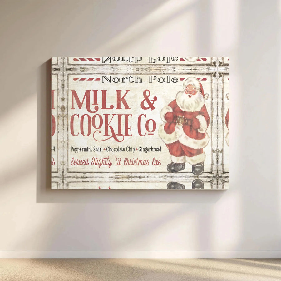 Vintage Santa Christmas Canvas Wall Art | North Pole Milk and Cookie Co Sign | 1.25 Inch Gallery Wrap | Farmhouse Holiday Home Decor Gift