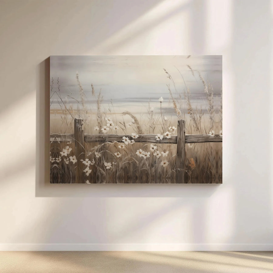 Rustic Wildflower Canvas Wall Art | Beach Grass and Wooden Fence Landscape | Premium Gallery Wrap Print | Modern Farmhouse Living Room Decor