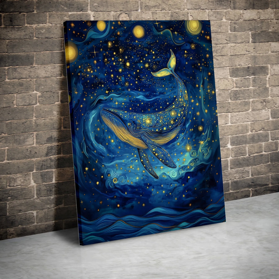 Celestial Whale Vertical Canvas | Dreamy Cosmic Ocean Illustration | Premium High-Resolution Print | Modern Living Room Wall Art Gift