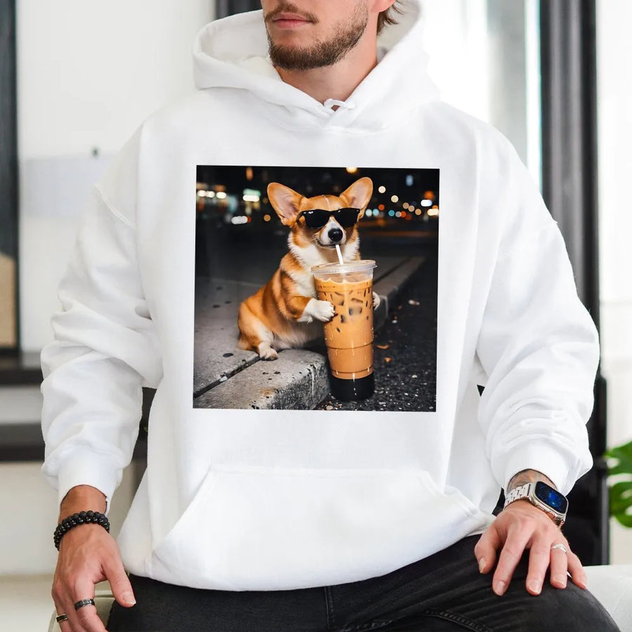 Funny Corgi Hoodie | Dog with Sunglasses Drinking Iced Coffee | Soft Cotton Blend | Gift for Dog Lover & Corgi Mom