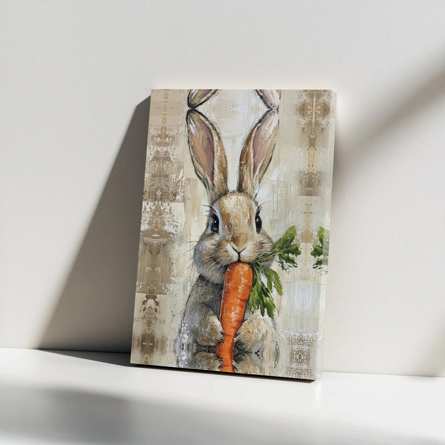 Rabbit with Carrot Canvas Wall Art | Rustic Bunny Painting with Textured Detail | Premium Gallery Wrap | Nursery & Kitchen Decor Gift
