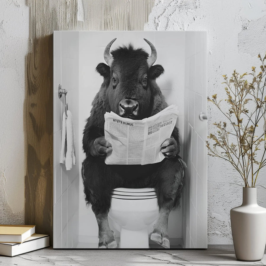 Bison Reading Newspaper On Toilet Canvas Wall Art | Funny Bathroom Decor | Premium Gallery Wrap | Humorous Gift For Men Office Decor