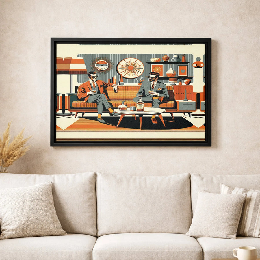 Mid-Century Modern Art Canvas Print | Retro Whiskey Lounge Illustration | Premium 1.25-Inch Gallery Wrap | Sophisticated Home Office Decor