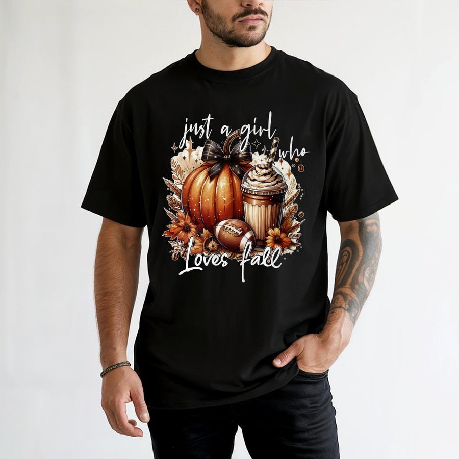 Just A Girl Who Loves Fall T-Shirt | Pumpkin Spice Latte & Football Graphic | 100% Cotton Premium Tee | Autumn Birthday Gift for Her