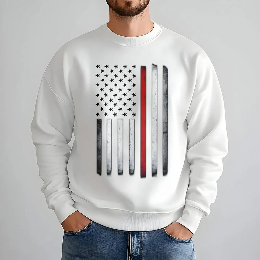 Thin Red Line Flag Sweatshirt | Distressed American Flag Graphic | Premium Crewneck Pullover | Gift for Firefighter Supporter