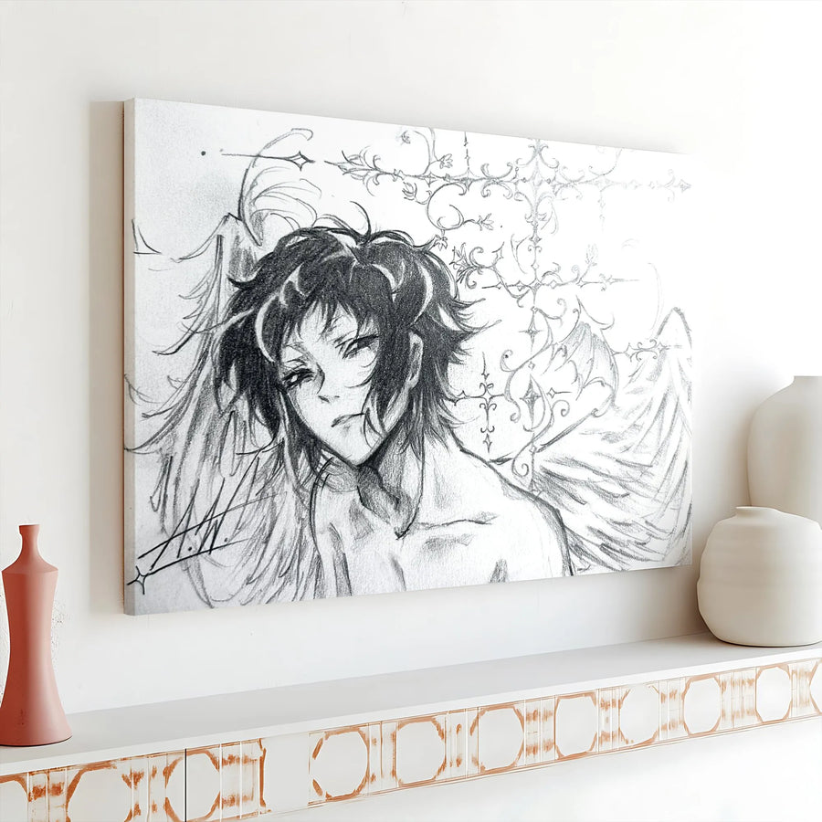 Anime Angel Canvas Wall Art | Gothic Filigree Pencil Sketch Print | Premium 1.25" Gallery Wrap | Dark Aesthetic Decor for Bedroom or Studio