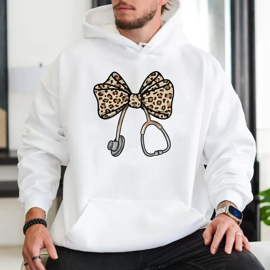Nurse Hoodie | Leopard Bow Stethoscope Graphic | Premium Cotton Blend | Gift For Nurses, Medical Students & Healthcare Workers