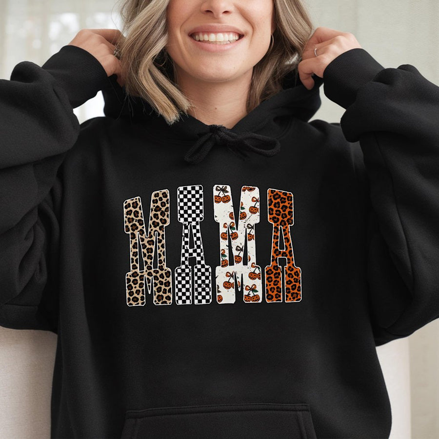 Halloween Mama Hoodie | Pumpkin Leopard Checkerboard Print | Premium Cotton-Blend Pullover | Cute Spooky Season Gift for Mom