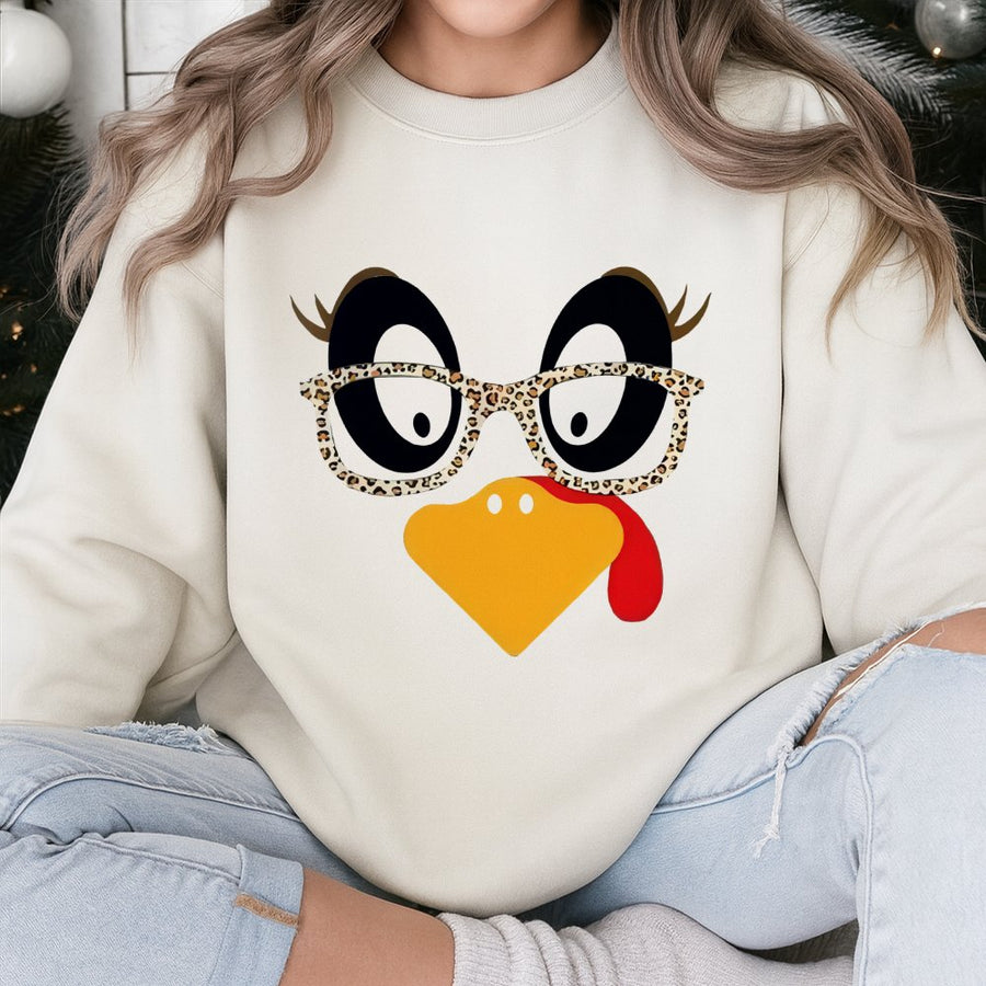 Funny Thanksgiving Turkey Sweatshirt | Leopard Print Glasses Design | Premium Cotton Blend | Cute Holiday Gift for Teachers and Women