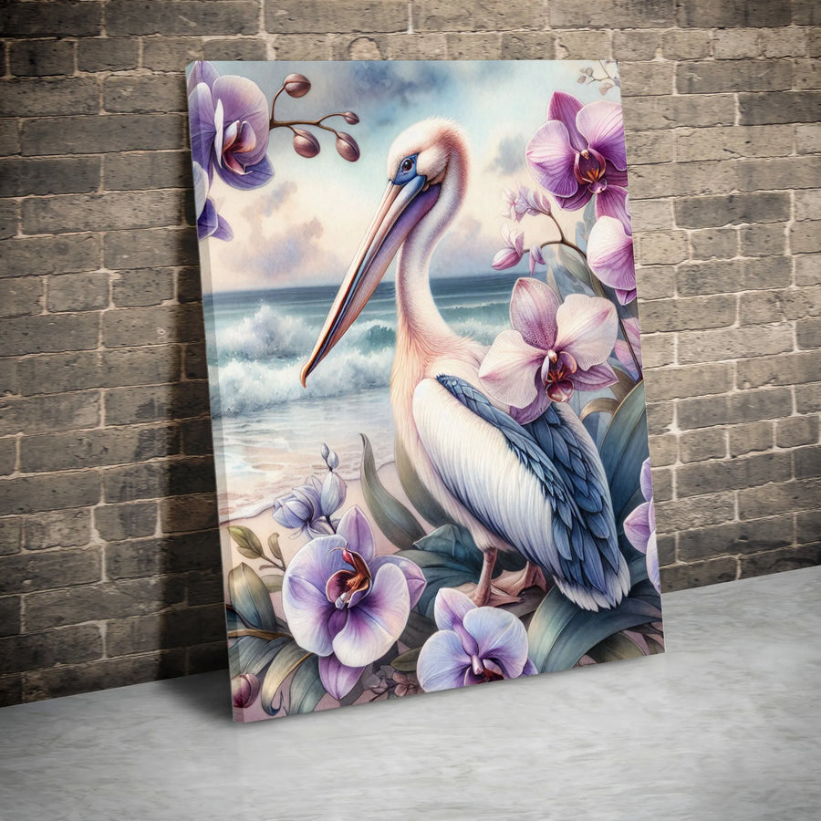 Pelican Wall Art | Watercolor Coastal Beach Scene with Purple Orchids | Premium Gallery Wrap Canvas | Tropical Bird Decor for Home or Office Gift