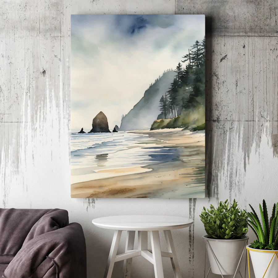 Coastal Seascape Vertical Canvas | Watercolor Rocky Shore Print | Premium High-Resolution Art | Minimalist Wall Decor Gift