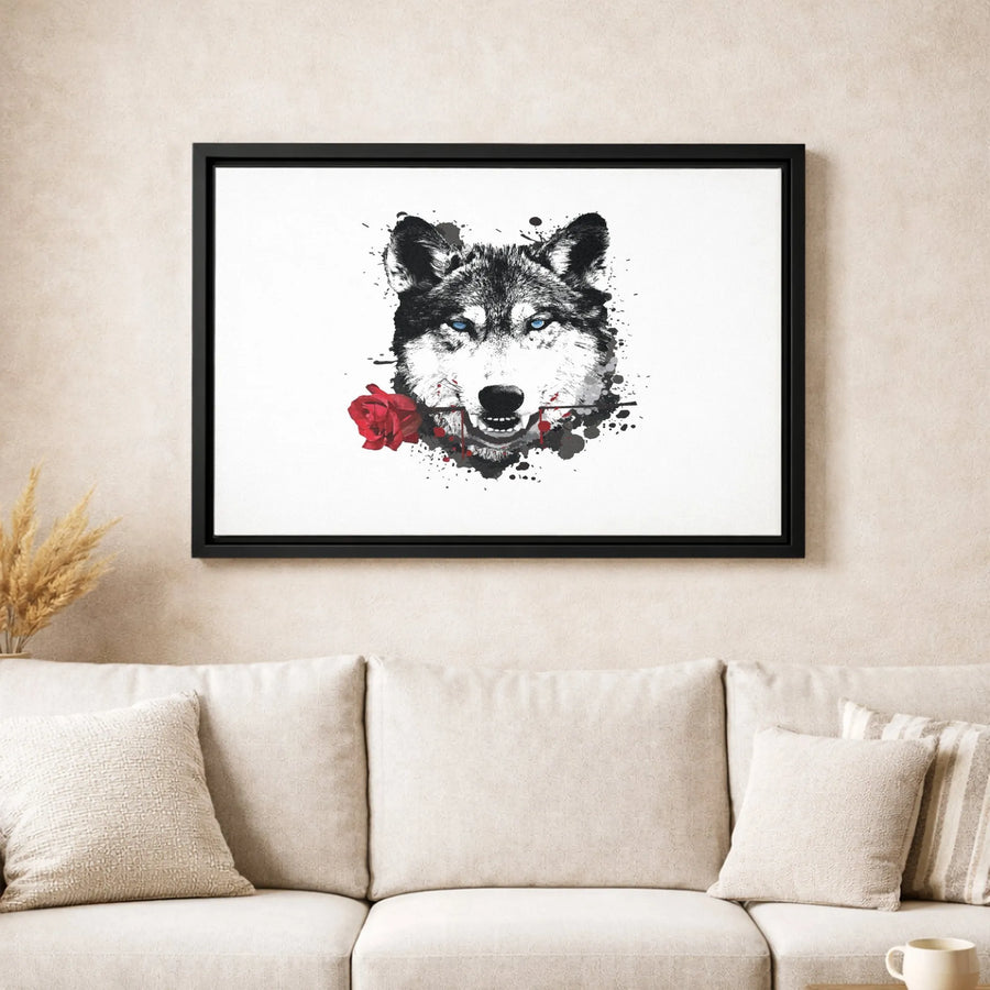Wolf Wall Art Canvas | Ink Splatter Blue Eyes Red Rose Design | Premium Gallery-Wrapped Print | Wildlife Home Decor Gift for Animal Lovers