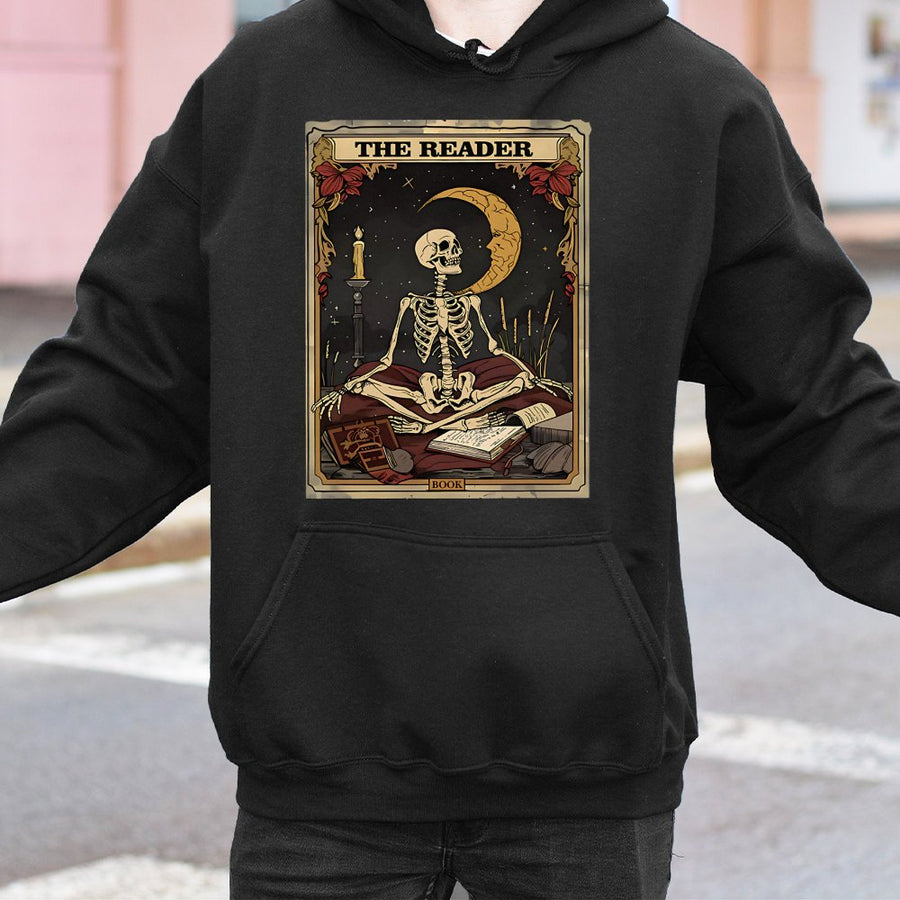 Tarot Card Skeleton Hoodie | The Reader Occult Gothic Graphic Print | Premium Cotton Blend Streetwear | Witchy Aesthetic Gift for Book Lovers