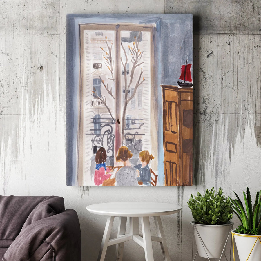 Parisian Window Scene Canvas Print | Watercolor Painting of Three Girls | Thick Gallery Wrap Canvas | French Inspired Home Decor Gift