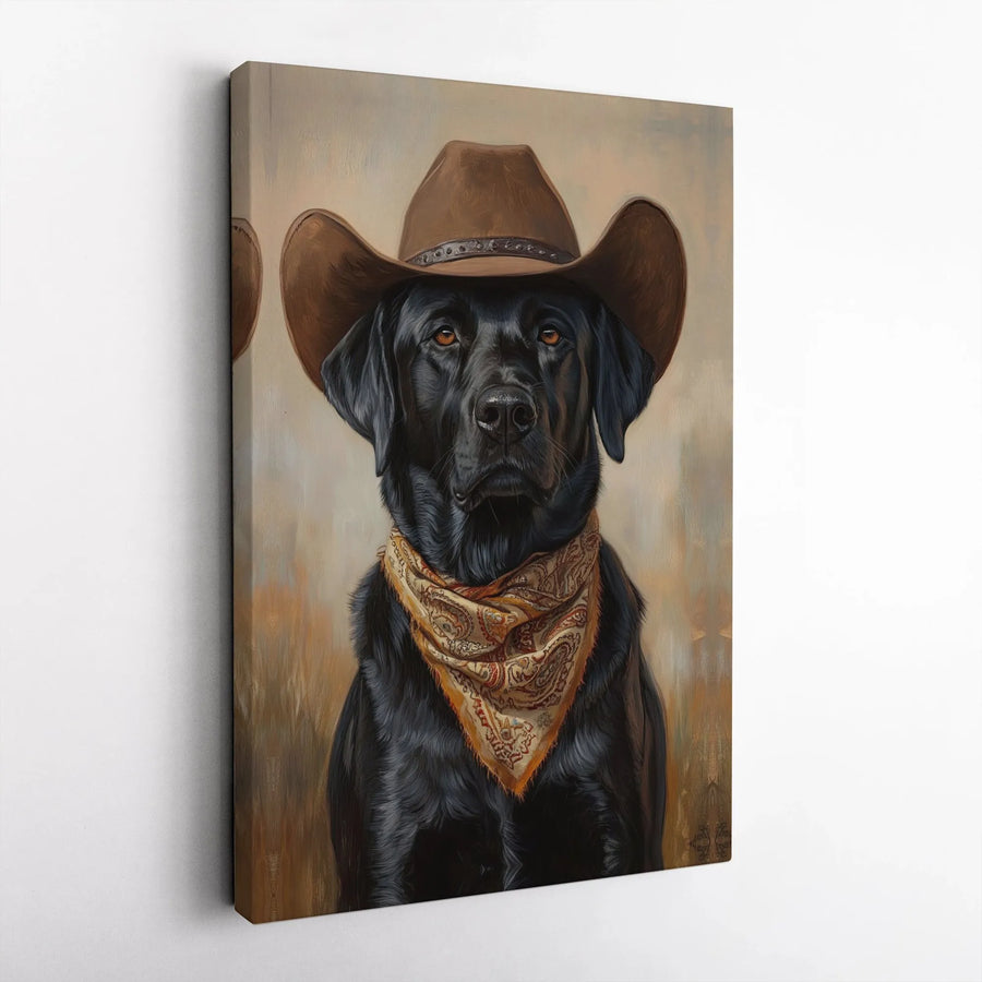 Black Labrador Cowboy Canvas Print | Western Dog Portrait with Hat | Premium Gallery Wrapped Art | Gift for Dog Lover & Rustic Home Decor