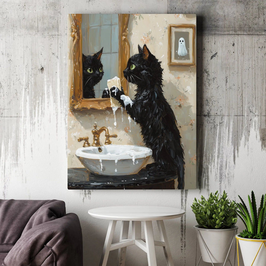 Black Cat Bathroom Wall Art | Whimsical Soap Washing Kitten Print | Premium Gallery Wrapped Canvas | Funny Home Decor Gift for Cat Lovers
