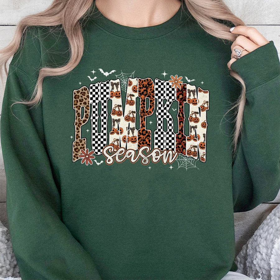 Pumpkin Season Sweatshirt | Leopard Print Checkered Fall Graphic | Soft Cotton-Poly Blend | Trendy Halloween Thanksgiving Gift for Her